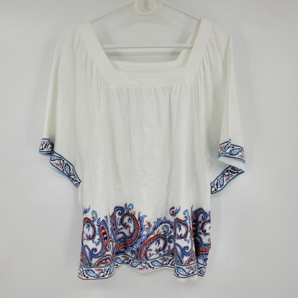 J. Jill White Paisley Border‎ Print Square Neck Flutter Sleeve Top Large Boho